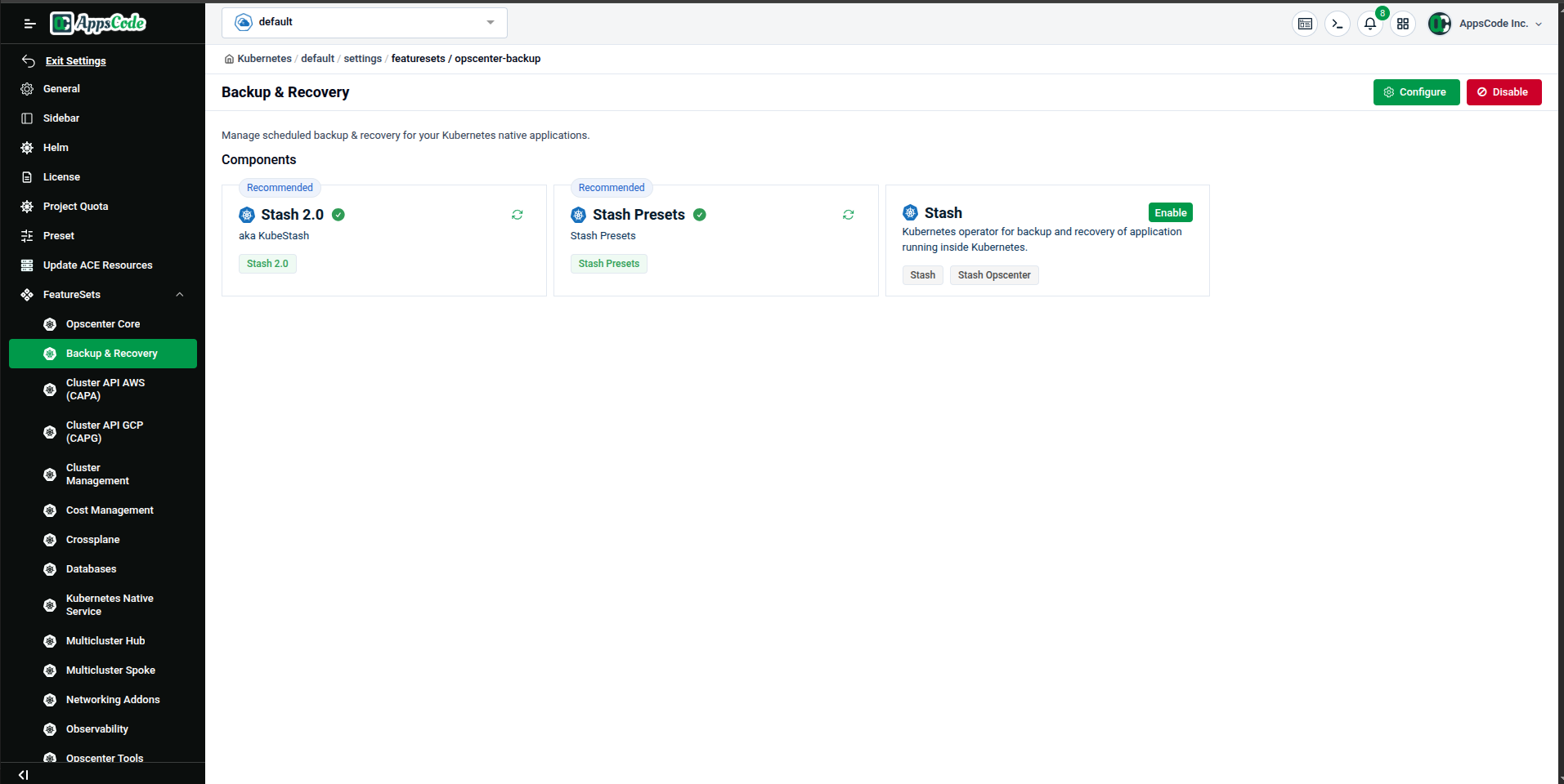 Backup & Recovery page fully Ready — all components show green checkmarks, Configure and Disable buttons visible