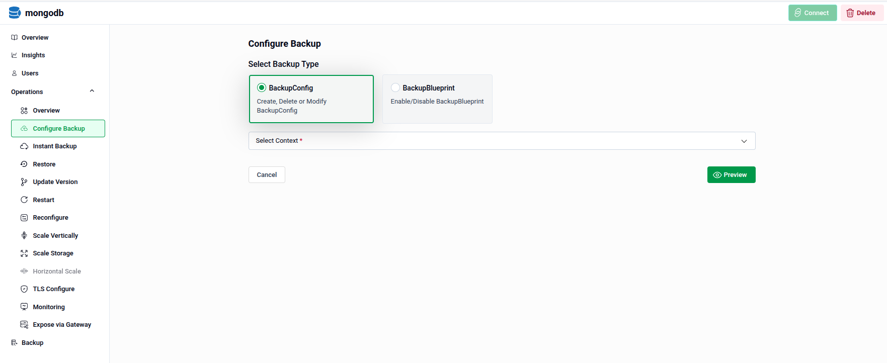 Configure Backup section showing BackupConfig and BackupBlueprint options
