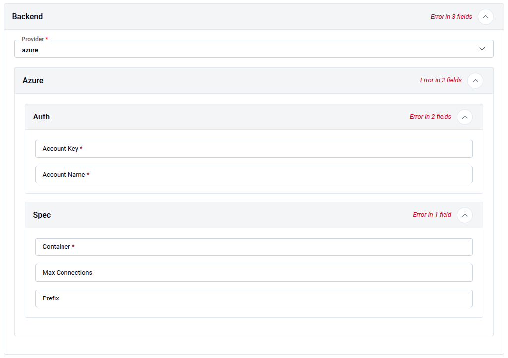 Backend section showing Provider dropdown (azure selected) with Auth and Spec sub-panels for Azure storage configuration