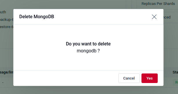 Delete confirmation modal asking &ldquo;Do you want to delete mongodb?&rdquo; with Cancel and Yes buttons