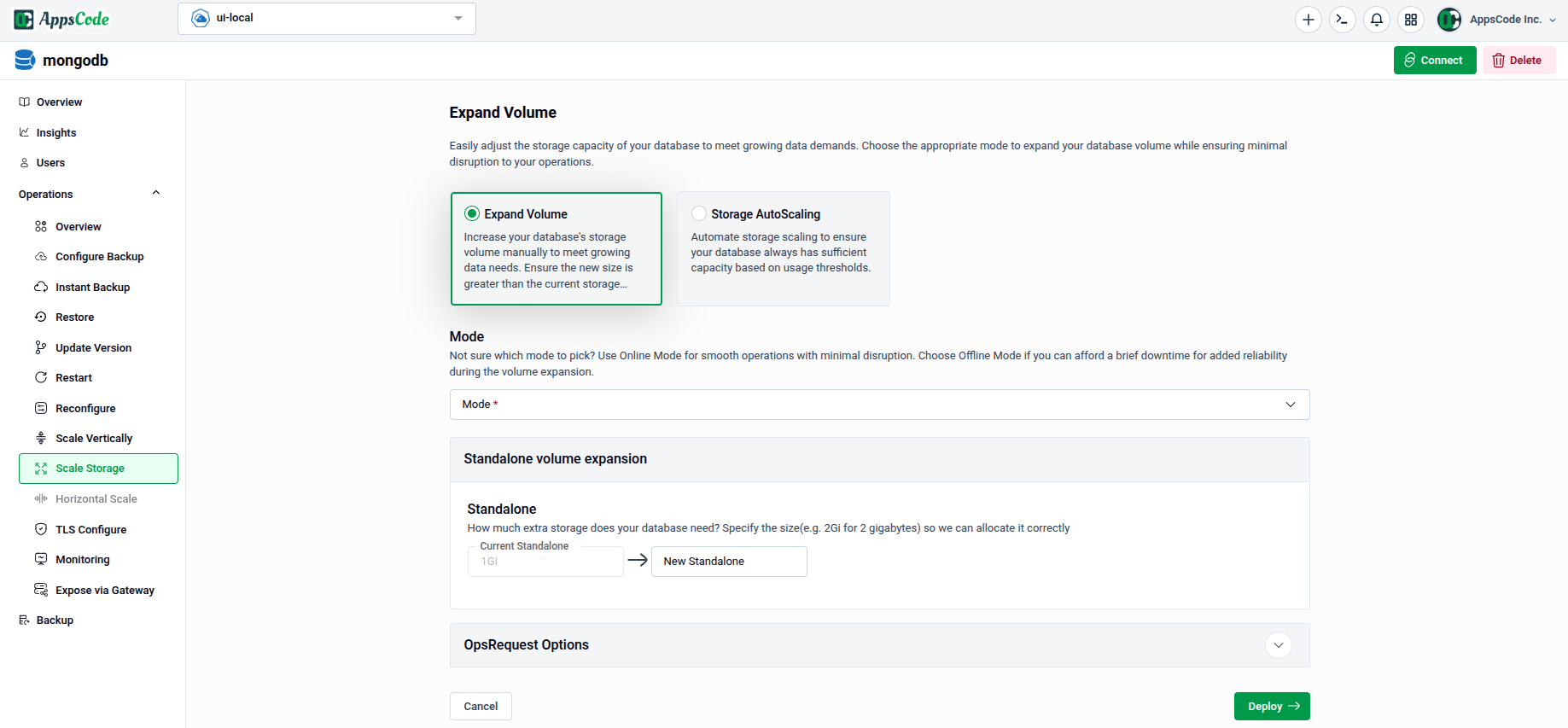 Expand Volume form showing method selection cards, Mode dropdown, Standalone volume expansion, and OpsRequest Options